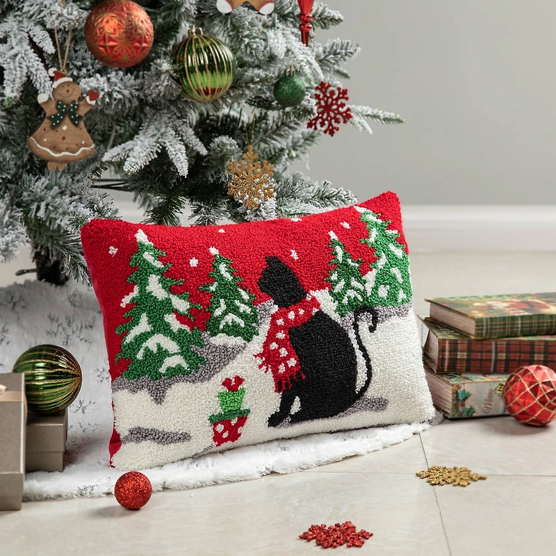 Glitzhome® Hooked Christmas Cat Pillow