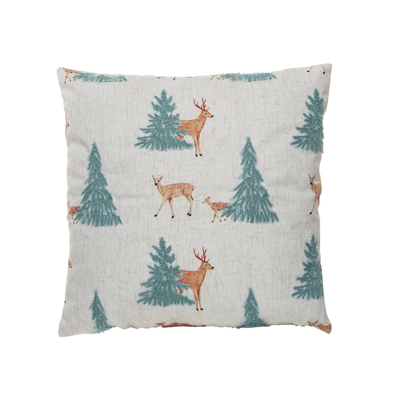 Hello Honey® 16" x 16" Square Natural, Green & Brown Fabric Blend Pillow with Embroidered Deer & Trees