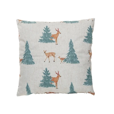 Hello Honey® 16" x 16" Square Natural, Green & Brown Fabric Blend Pillow with Embroidered Deer & Trees