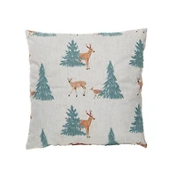 Hello Honey® 16" x 16" Square Natural, Green & Brown Fabric Blend Pillow with Embroidered Deer & Trees