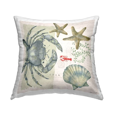 Stupell Industries Nautical Crab Various Sea Life Botanical Shells Throw Pillow, 18" x 18"