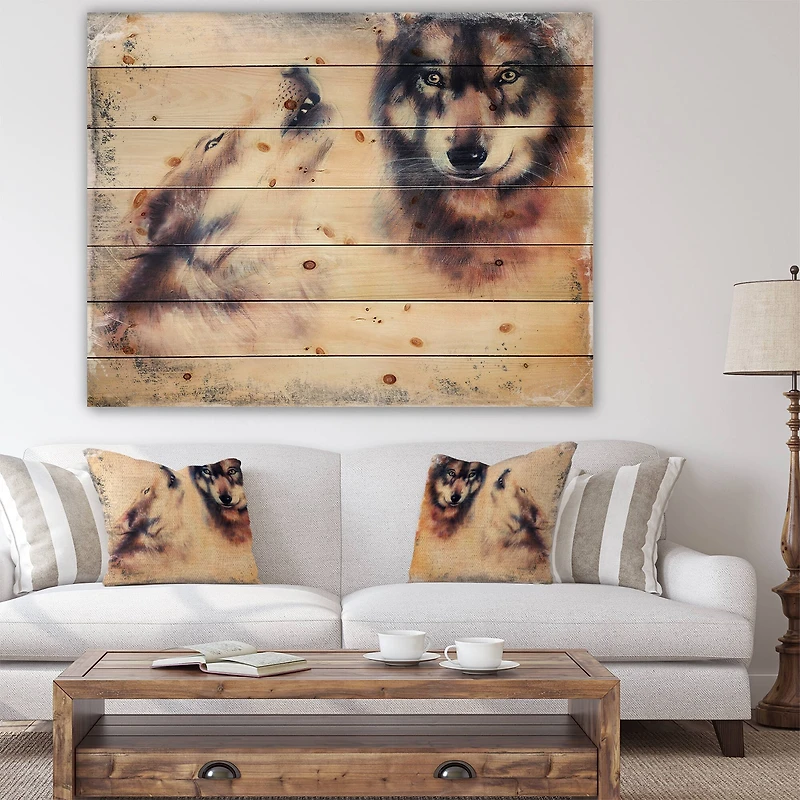 Designart - Howling Wolf - Animal Print on Natural Pine Wood