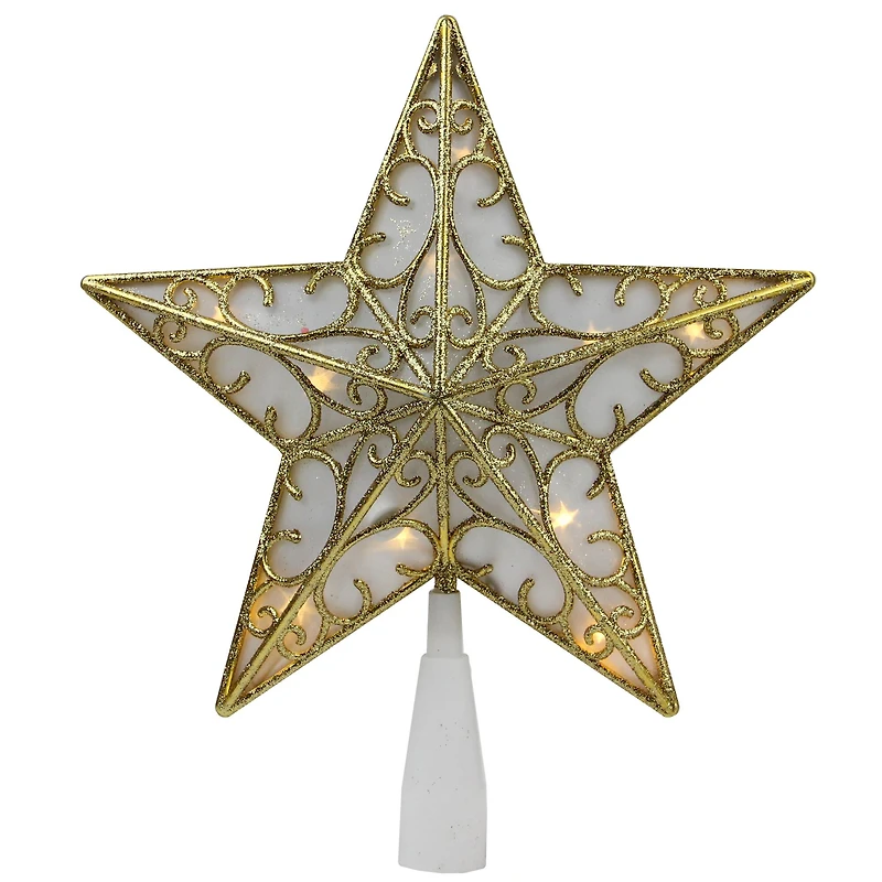 9" Gold & White Glittered Star LED Christmas Tree Topper, Warm White Lights