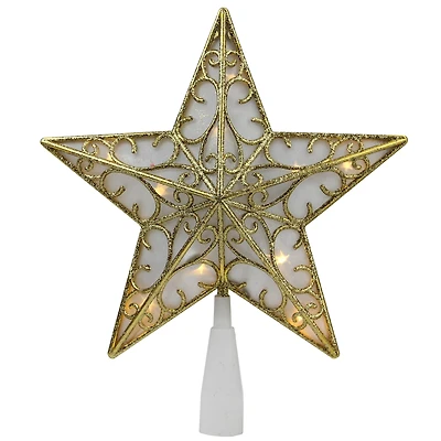9" Gold & White Glittered Star LED Christmas Tree Topper, Warm White Lights