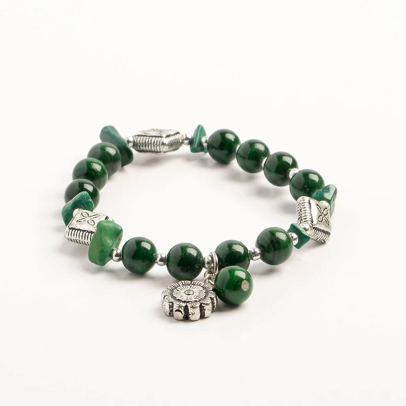 John Bead Imitation Malachite Natural Stone Stretch Bracelet with Flower Charm