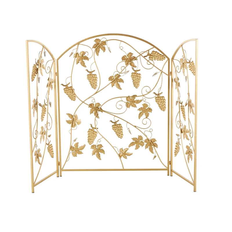 36" Gold Metal Fruit Foldable 3-Panel Fireplace Screen with Leaf Accents