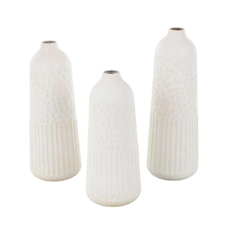 White Metal Textured Decorative Vase with Honeycomb Pattern Set