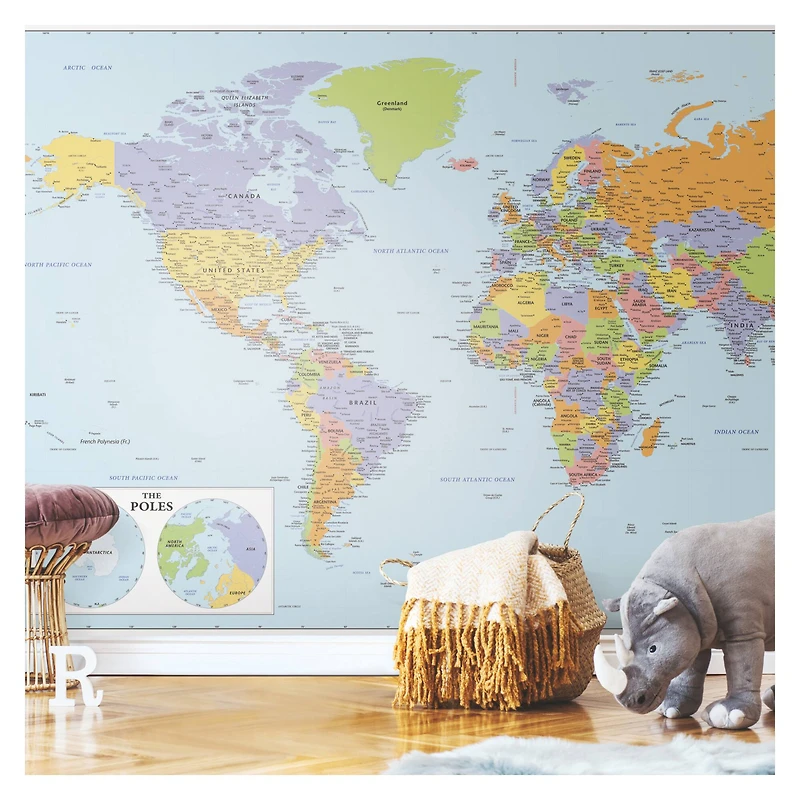 RoomMates Blue & Green World Map Educational Mural Peel & Stick Wallpaper