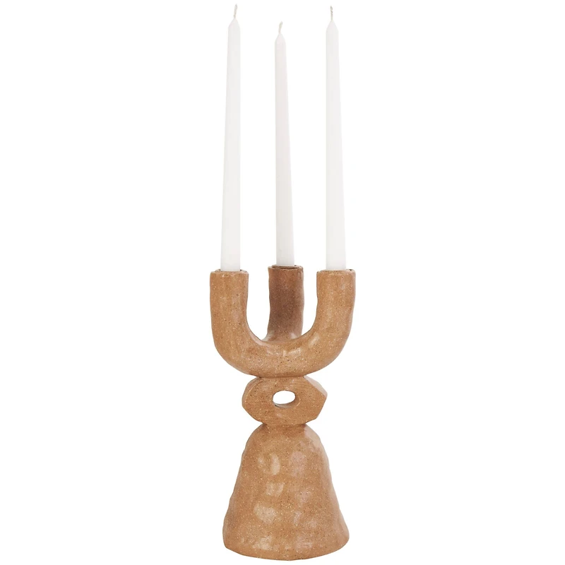 11" Brown Speckled Abstract Totem 3 Taper Candle Candelabra