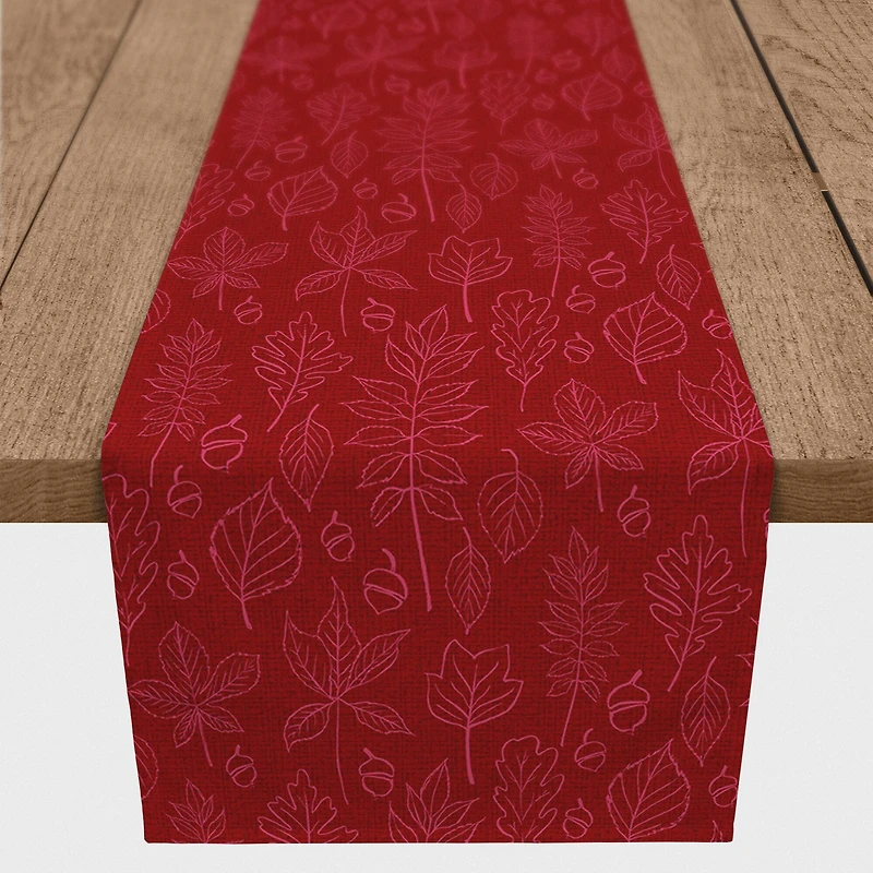 90" Autumn Pattern Leaves On Red Poly Twill Table Runner