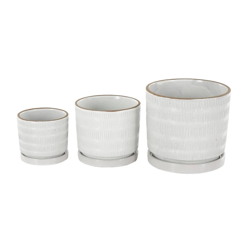 White Linear & Dotted Pattern Ceramic Planter Set