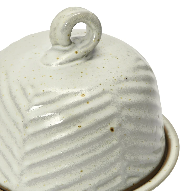 Hello Honey® 6" Embossed White Reactive Glaze Domed Stoneware Dish with Handle