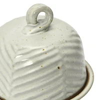 Hello Honey® 6" Embossed White Reactive Glaze Domed Stoneware Dish with Handle