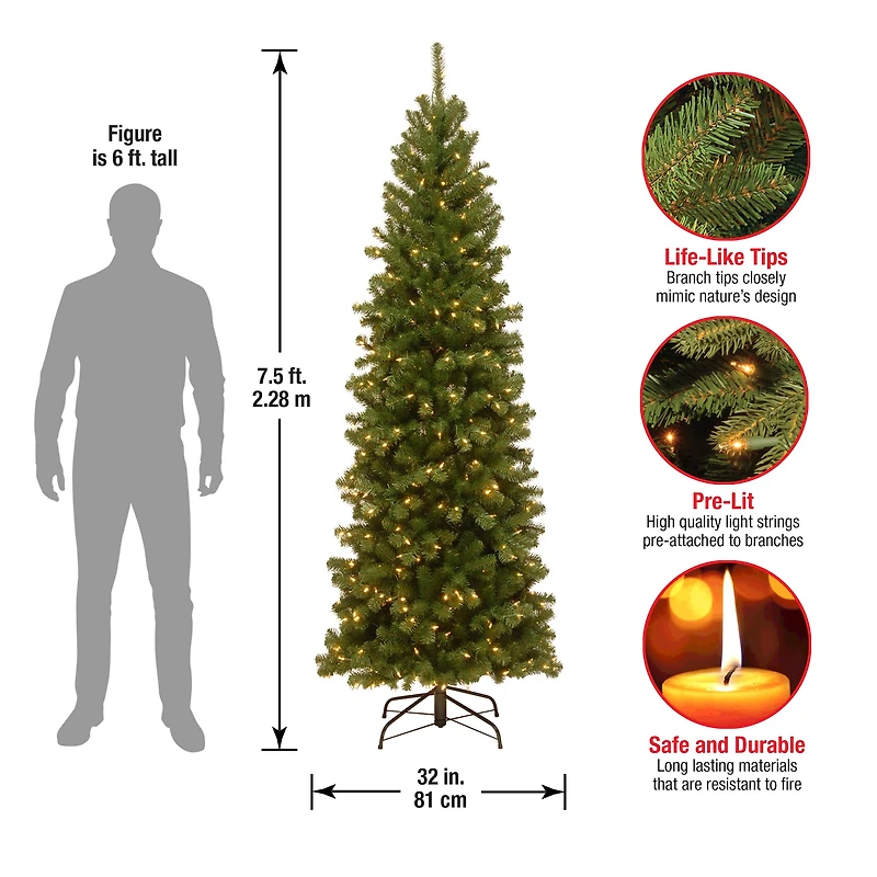 7.5 ft. Pre-lit Hinged North Valley Spruce Pencil Artificial Christmas Tree, Clear Lights