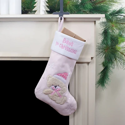Baby's 1st Christmas Embroidered Teddy Bear Stocking - 19" - Pink and White