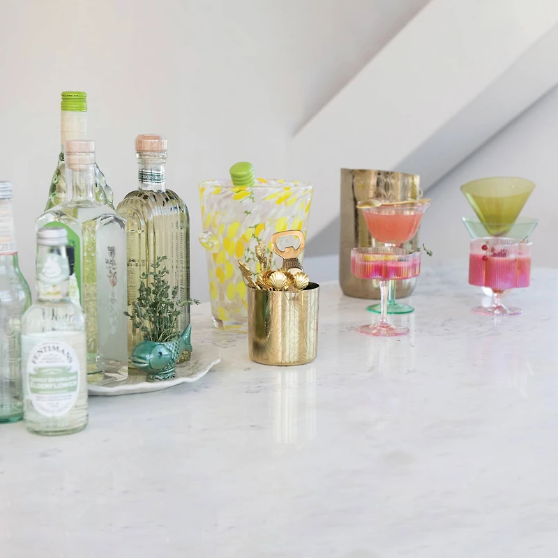 Hello Honey 6-Ounce Hand-Blown Pleated Flower Shaped Stemmed Coupe Glass, Iridescent Finish and Pink, Set of 6