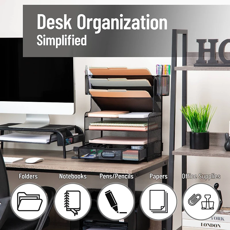 Mind Reader Mesh Desk Organizer, 6 Compartments, 1 Drawer, 2 Pen Cups, Office Desktop Organizer, Metal Mesh, Black