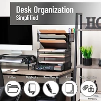 Mind Reader Mesh Desk Organizer, 6 Compartments, 1 Drawer, 2 Pen Cups, Office Desktop Organizer, Metal Mesh, Black