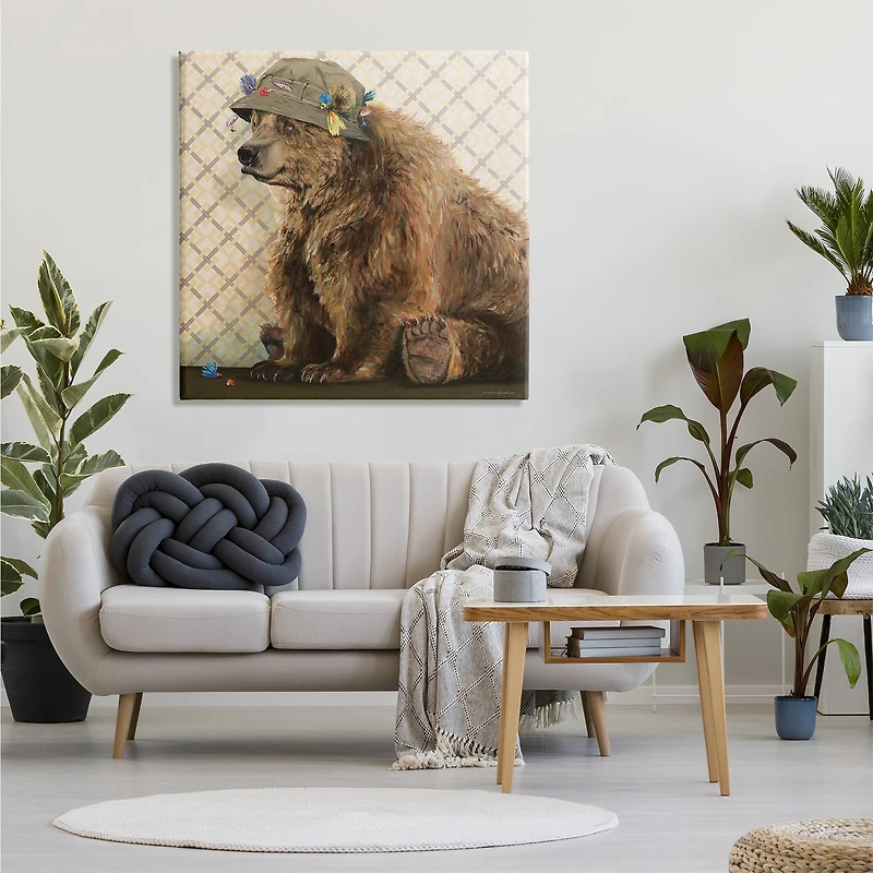 Stupell Industries Rustic Brown Bear Wearing Fisherman's Hat Geometric Pattern Canvas Wall Art