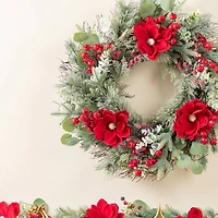 Glitzhome® 24"D Christmas Red Mangnolia & Berry Wreath