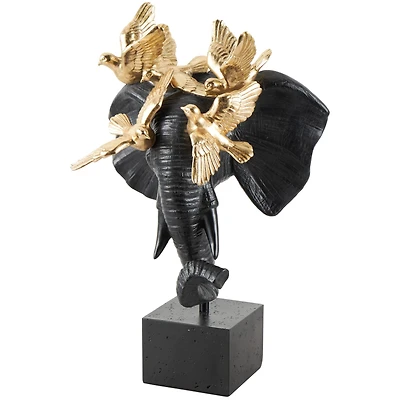 21" Black & Gold Polystone Elephant Head with Birds Statue