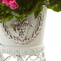 18.5" Pink UV Resistant Geranium Arrangement with White Metal Planter