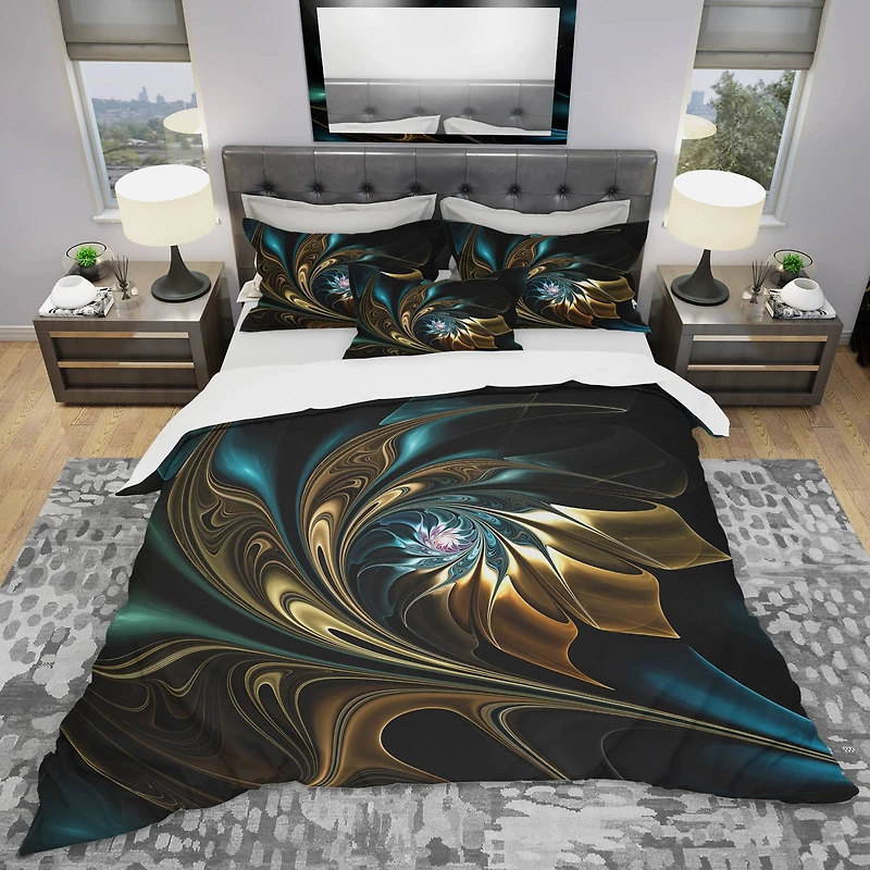 Designart 'Brown Blue Fractal Flower in Black' Modern & Contemporary Bedding Set