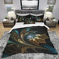 Designart 'Brown Blue Fractal Flower in Black' Modern & Contemporary Bedding Set