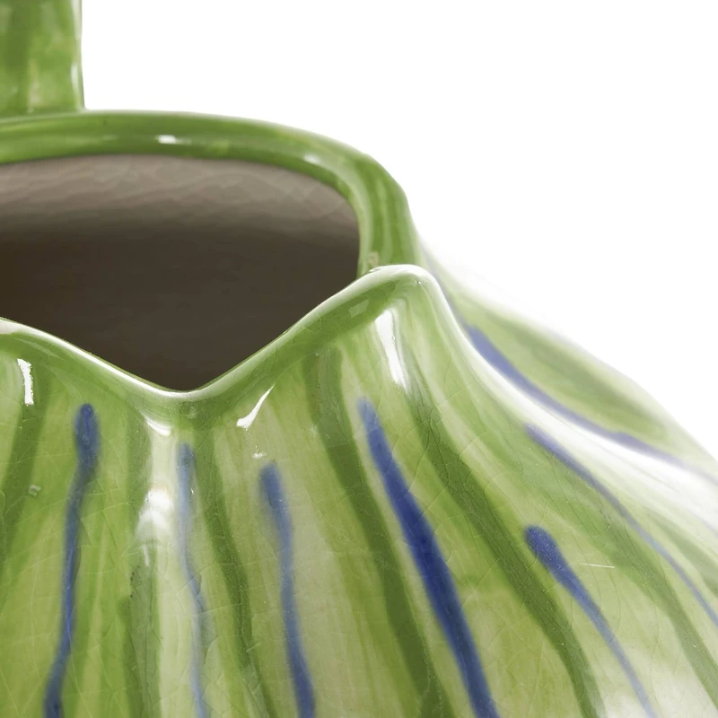 10.5" White Ceramic Vase with Green & Blue Drip Design & Handles