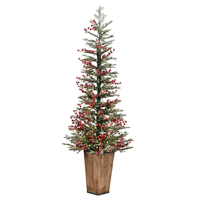 5.5ft Pre-Lit Frosted Berry Potted Pine Artificial Christmas Tree, Warm White Dura-Lit LED Lights