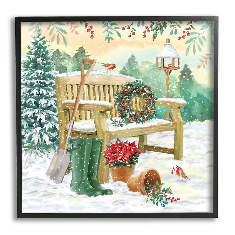 Stupell Industries Snowy Bench Seasonal Holly Plants Framed Giclee Art