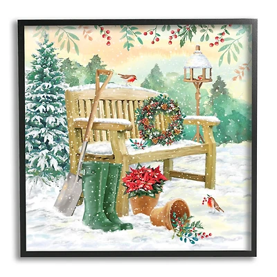 Stupell Industries Snowy Bench Seasonal Holly Plants Framed Giclee Art