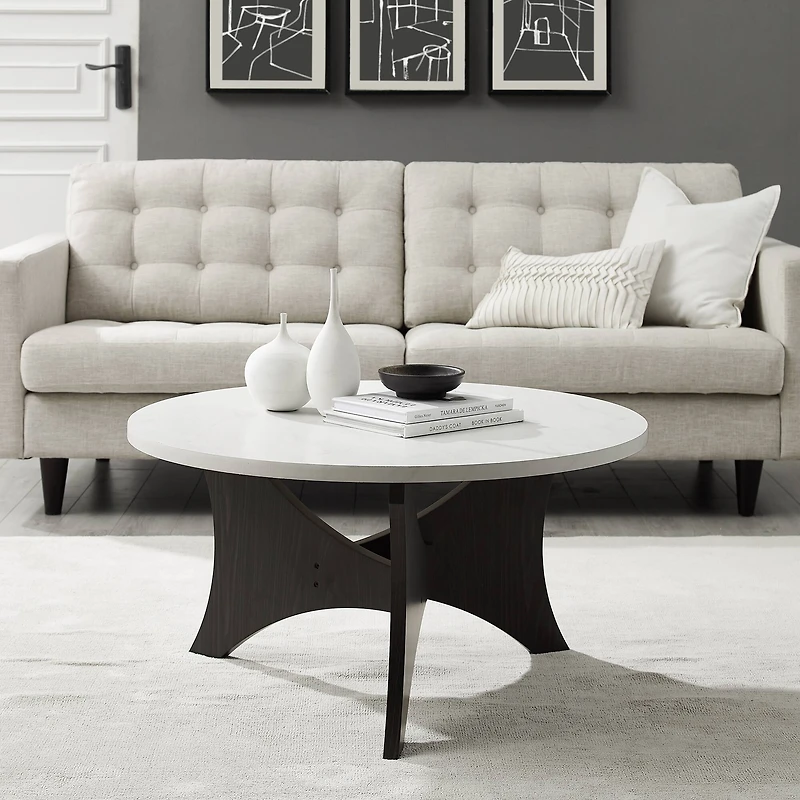 36" Faux White Marble & Graphite Mid Century 3-Leg Round Coffee Table