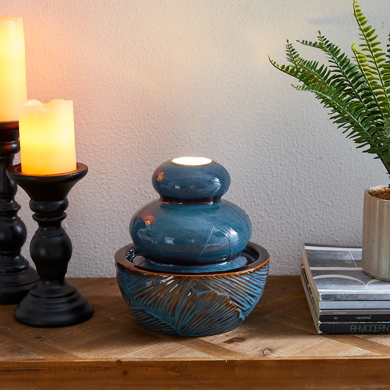 Glitzhome® 8.75" LED Turquoise Leaf Textured Ceramic Tabletop Fountain