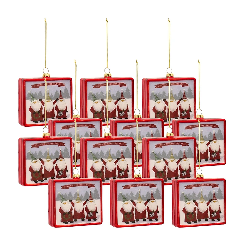 12 Pack 3.75" Merry Christmas Gnomes Glass Ornaments