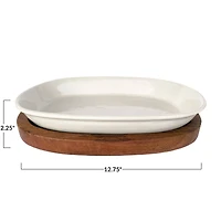 Hello Honey® 13" Cream Stoneware Serving Dish with Natural Mango Wood Base