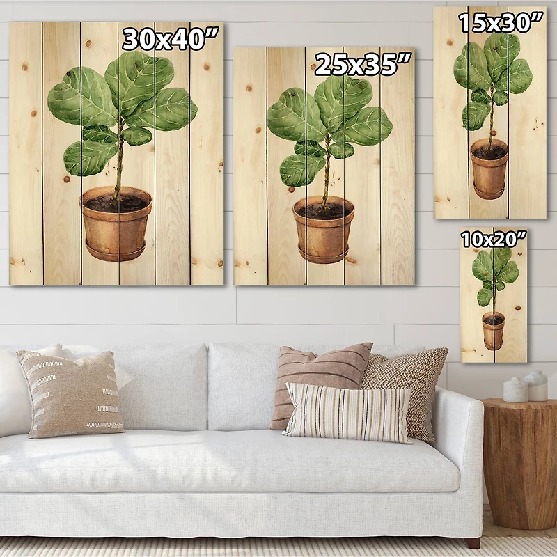 Designart - Ficus Lyre In Clay Flowerpot - Traditional Print on Natural Pine Wood