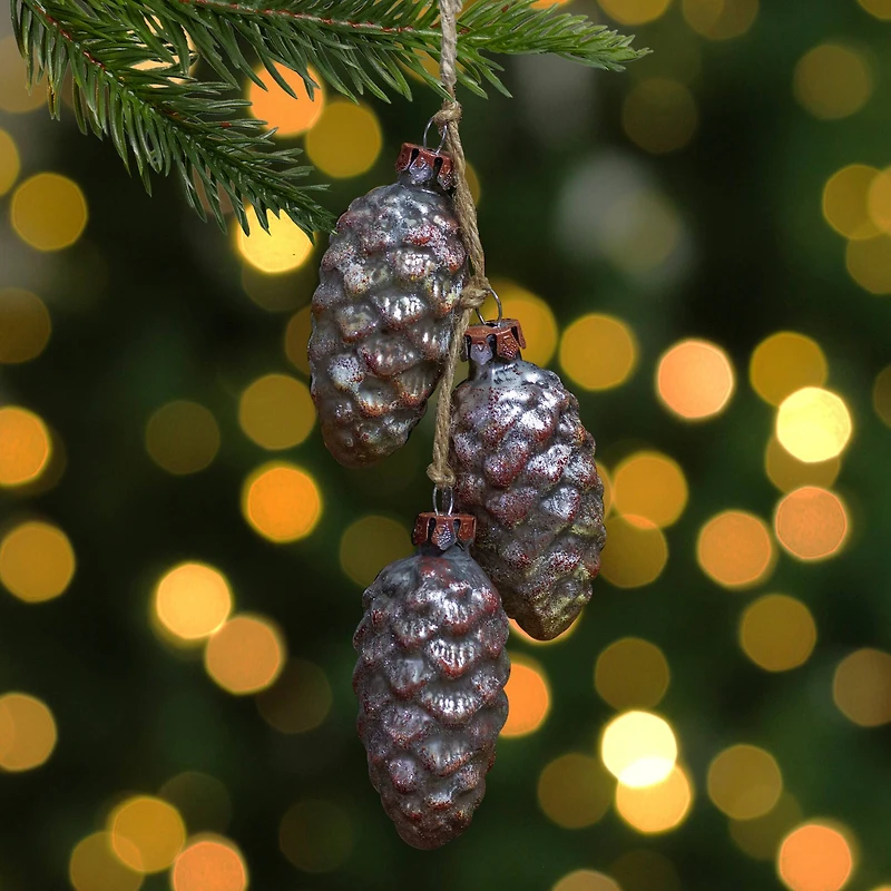 Pine Cone Glass Christmas Ornament - 7" - Rust and Silver