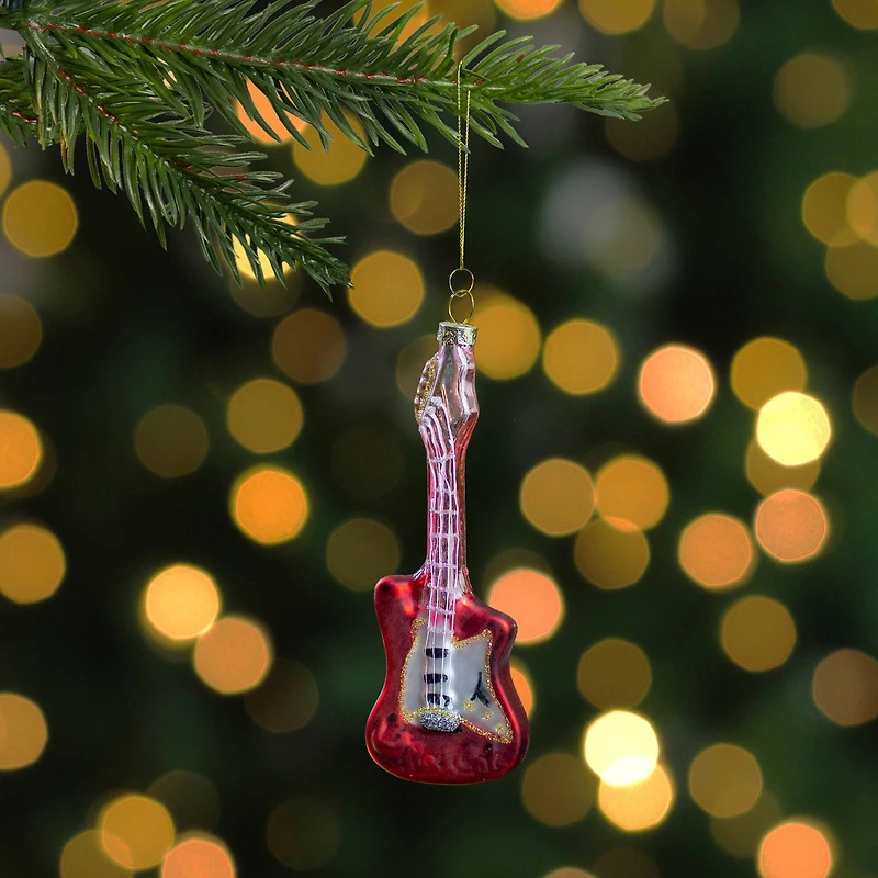 Red & Silver Bass Guitar Glass Ornament