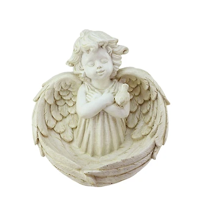 9.5" Distressed Ivory Cherub Angel Bird Feeder Garden Statue