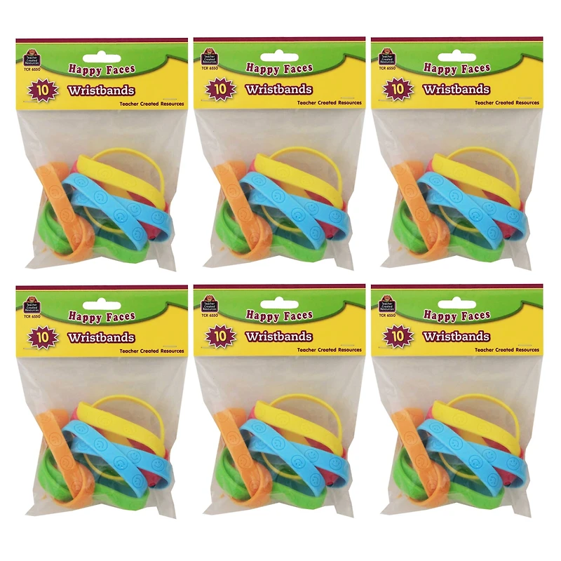 Teacher Created Resources Happy Faces Wristbands, 6 Packs of 10