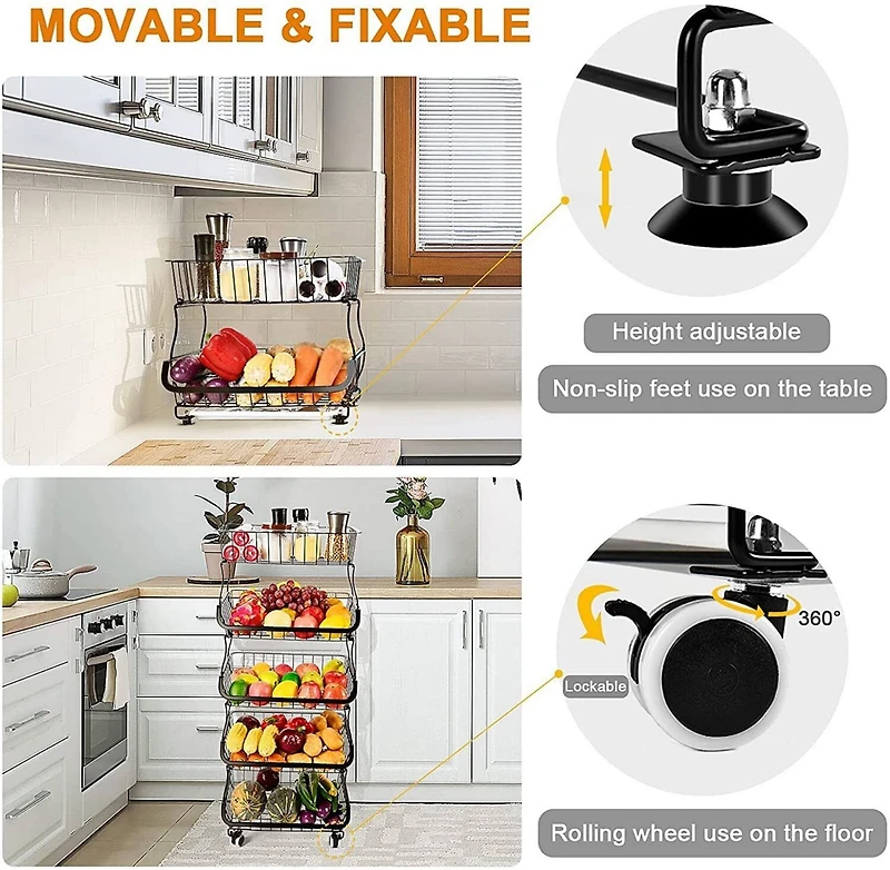 Black 5-Tier Fruit Basket Rolling Cart