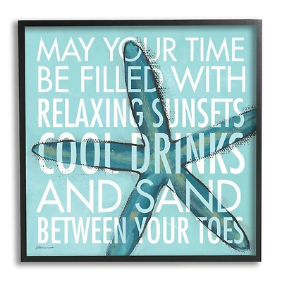 Stupell Industries Sunsets Cool Drinks Sand Beach Phrase Blue Starfish Framed Wall Art