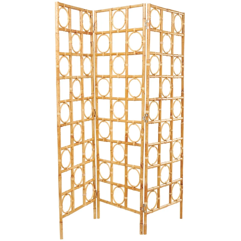 71" Brown Rattan Geometric Handmade Woven Geometric 3 Panel Room Divider