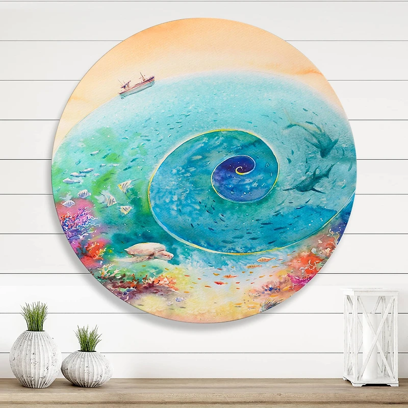 Designart - Turquoise Ocean Spiral With Coral Reef Fishes