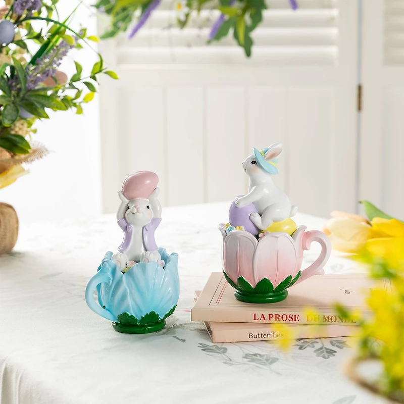 Glitzhome® Set of 2 Easter Resin Bunny on Tulip Mug Table Decor