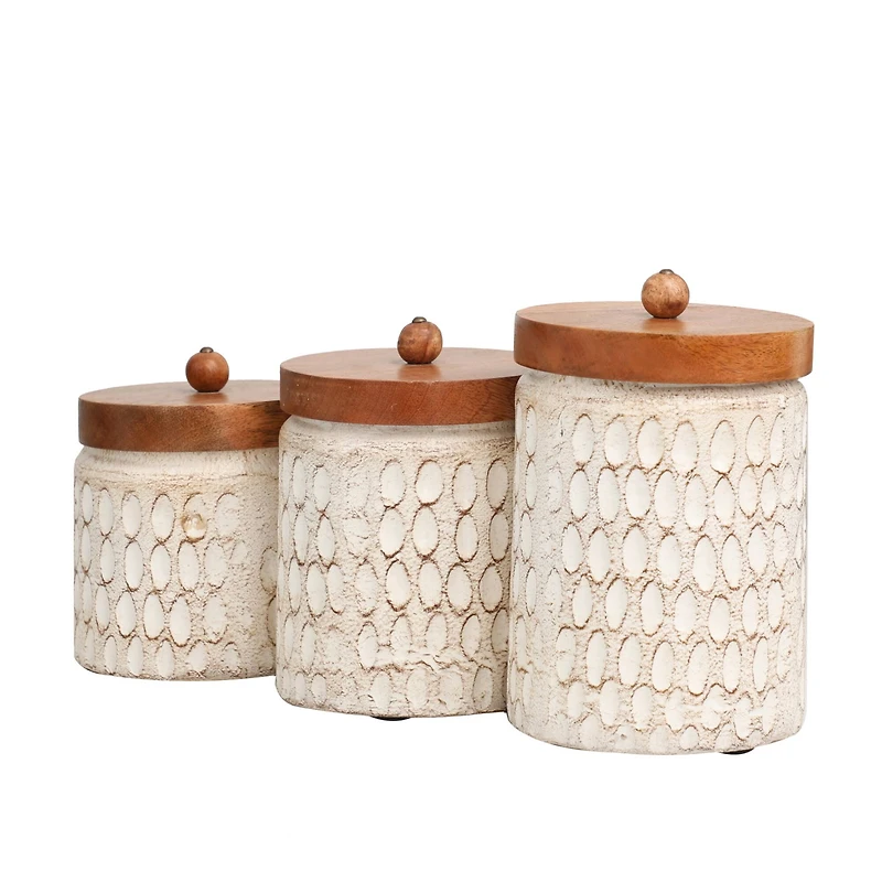 Cream Paper Mache Handmade Carved Spotted Geometric Canisters with Removable Lids Set