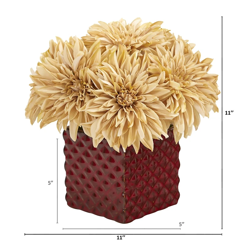 11" Cream Dahlia Arrangement in Red Ceramic Cube