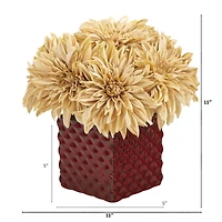 11" Cream Dahlia Arrangement in Red Ceramic Cube