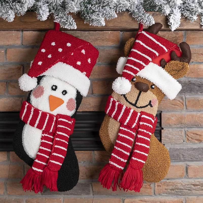Glitzhome® 19" Penguin & Reindeer Hooked Stocking Set